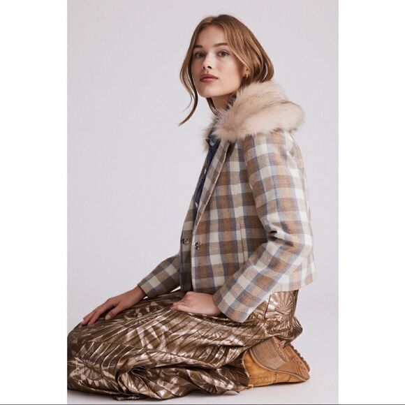 NEW Anthropologie Vegan Unreal Fur Plaid Tiger Kiss Faux Fur-Trim Jacket Medium - Picture 3 of 3